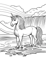 Majestic Unicorn by Waterfall and Clouds Coloring Page