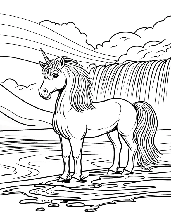Majestic Unicorn by Waterfall and Clouds Coloring Page