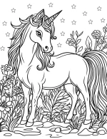Majestic Unicorn in Floral Garden with Stars and Nature Elements Coloring Page
