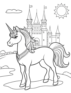 Majestic Unicorn in Front of Fairytale Castle Coloring Page