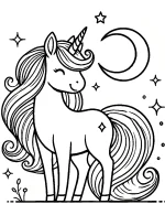 Majestic Unicorn with Moon and Stars Coloring Page
