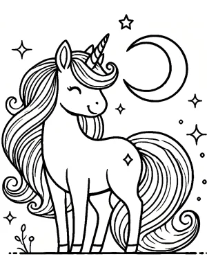 Majestic Unicorn with Moon and Stars Coloring Page