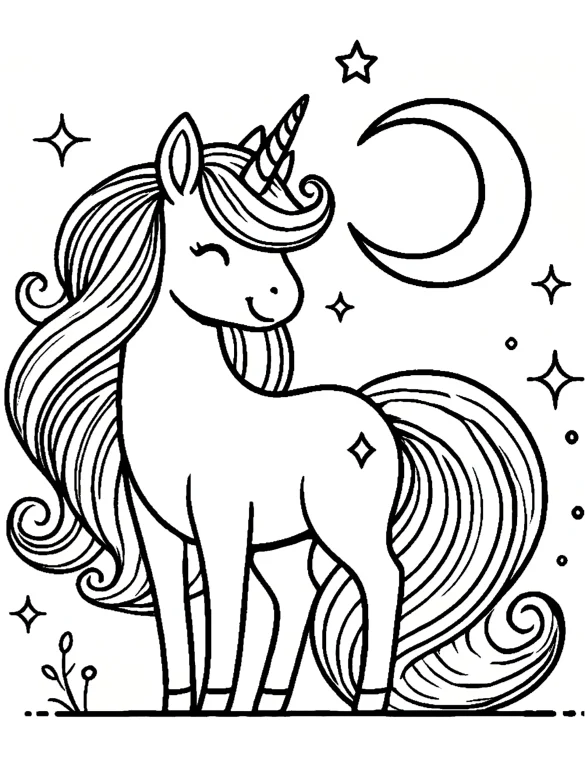 Majestic Unicorn with Moon and Stars Coloring Page