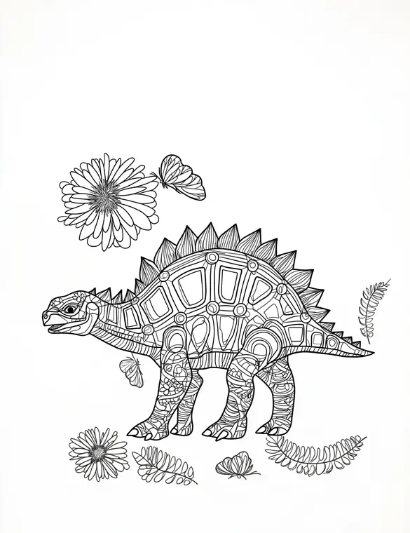 Mandala Stegosaurus Dinosaur with Flowers and Ferns Coloring Page