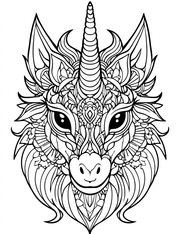 Mandala Unicorn Front-Facing Pose with Intricate Mandala Designs Coloring Page