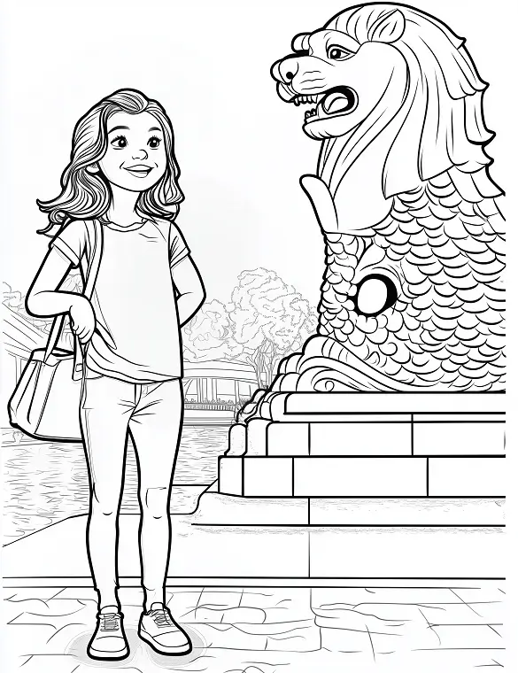 Merlion Statue Girl in Singapore Adult Coloring Page By Mindset Flow