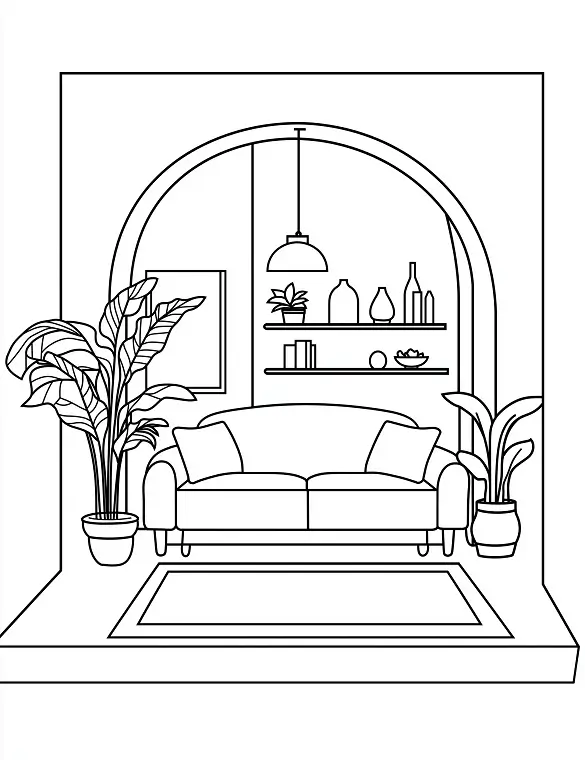 Modern Living Room With Plant Adult Coloring Page By Mindset Flow