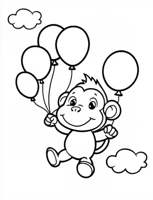 Monkey Flying with Balloons in the Sky Coloring Page by Mindset Flow
