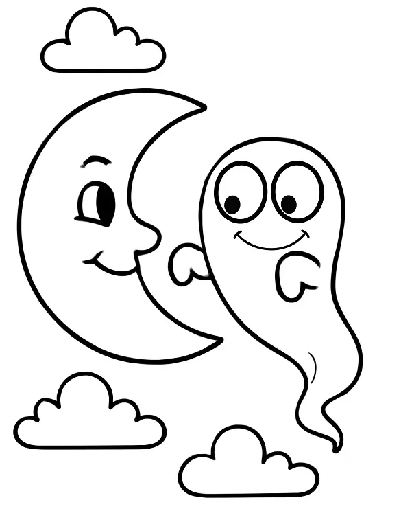 Moon Smiling at Floating Ghost Halloween Coloring Page by Mindset Flow Moon Smiling at Floating Ghost Halloween Coloring Page by Mindset Flow