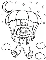 Moonlit Parachuting Scarecrow Halloween Coloring Page by Mindset Flow