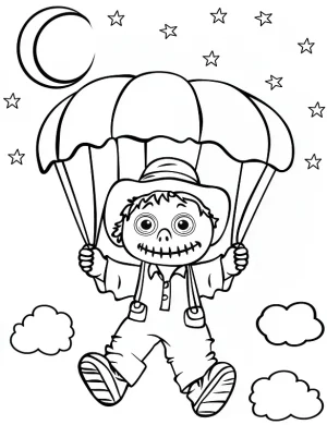 Moonlit Parachuting Scarecrow Halloween Coloring Page by Mindset Flow