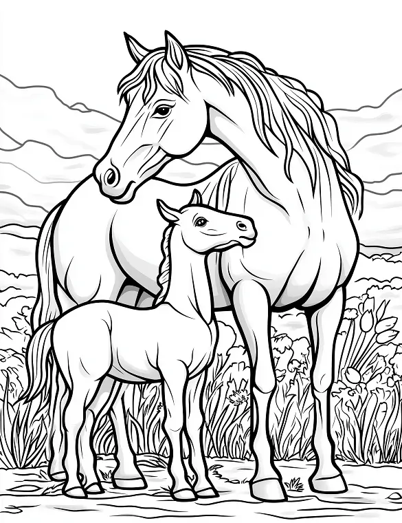 Mother And Foal Horses In Pasture Adult Coloring Page By Mindset Flow