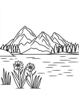 Mountain Lake With Daffodil Flowers Landscape Coloring Page