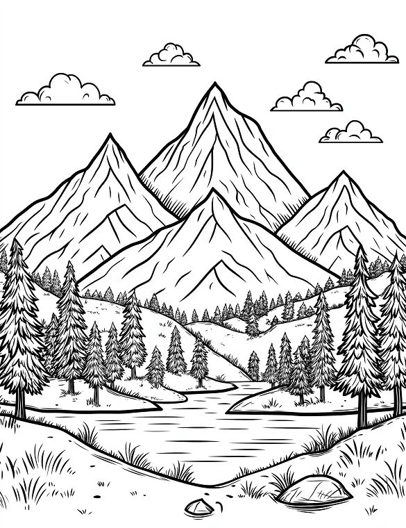 Mountain Range With River And Pine Trees Adult Coloring Page By Mindset Flow