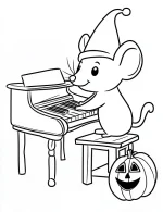 Mouse in Halloween Hat Playing Piano with Pumpkin Coloring Page by Mindset Flow
