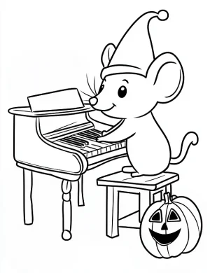 Mouse in Halloween Hat Playing Piano with Pumpkin Coloring Page by Mindset Flow