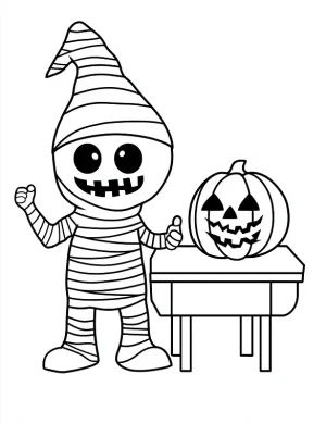 Mummy And a Pumpkin On a Stool Coloring Page by Mindset Flow