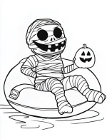 Mummy Floating On a Pool Raft Holding a Pumpkin Coloring Page by Mindset Flow