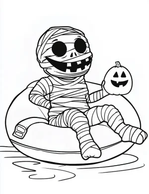 Mummy Floating On a Pool Raft Holding a Pumpkin Coloring Page by Mindset Flow