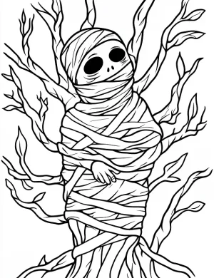 Mummy Tangled in Tree Branches Halloween Coloring Page by Mindset Flow