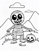 Mummy in the Landscape with Pumpkin Halloween Coloring Page by Mindset Flow