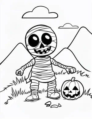 Mummy in the Landscape with Pumpkin Halloween Coloring Page by Mindset Flow