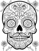 Mustached Day of the Dead Sugar Skull Adult Coloring Page By Mindset Flow