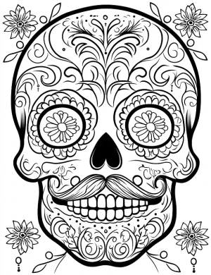 Mustached Day of the Dead Sugar Skull Adult Coloring Page By Mindset Flow