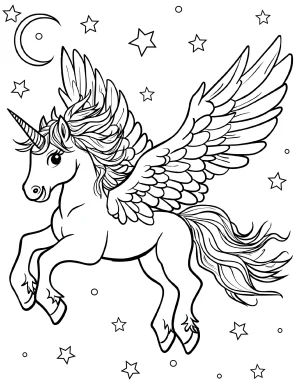 Mystical Night Unicorn with Wings, Stars, and Moon Coloring Page