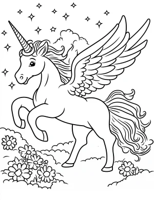 Mystical Night Unicorn with Wings and Flowers Coloring Page