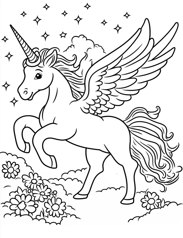 Mystical Night Unicorn with Wings and Flowers Coloring Page
