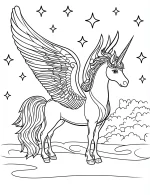 Mystical Night Unicorn with Wings and Stars Coloring Page