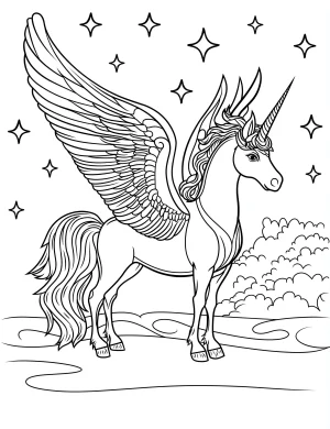 Mystical Night Unicorn with Wings and Stars Coloring Page