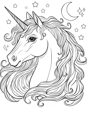 Mystical Unicorn with Flowing Wispy Mane and Stars Coloring Page