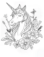 Mystical Watercolor Style Unicorn with Flowing Mane and Flowers Coloring Page