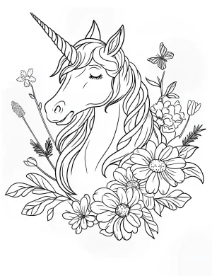 Mystical Watercolor Style Unicorn with Flowing Mane and Flowers Coloring Page