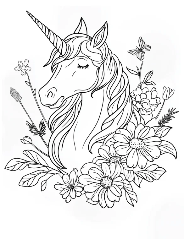 Mystical Watercolor Style Unicorn with Flowing Mane and Flowers Coloring Page