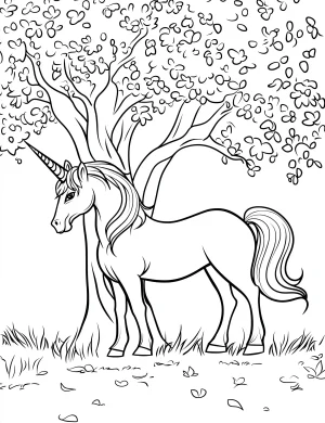Nature-Themed Unicorn Standing Under a Tree Coloring Page