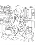 Octopus Chef Creating a Mess in Kitchen Coloring Page by Mindset Flow