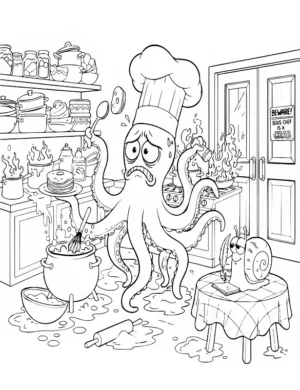 Octopus Chef Creating a Mess in Kitchen Coloring Page by Mindset Flow