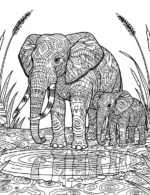 Ornate Elephant Family at Waterhole Coloring Page by Mindset Flow