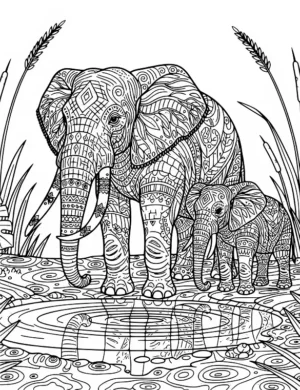 Ornate Elephant Family at Waterhole Coloring Page by Mindset Flow