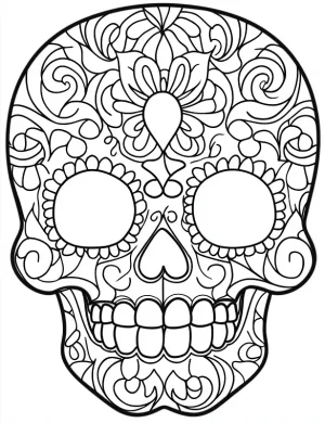 Ornate Skull Design with Swirls Adult Coloring Page by Mindset Flow