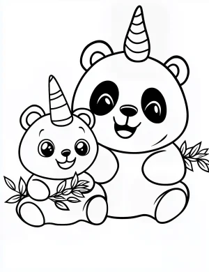 Panda Unicorn Duo Holding Bamboo Leaves Coloring Page