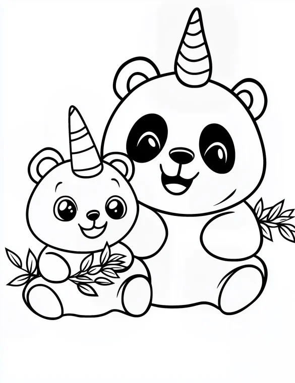 Panda Unicorn Duo Holding Bamboo Leaves Coloring Page