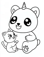 Panda Unicorn Playing with Kitten Coloring Page
