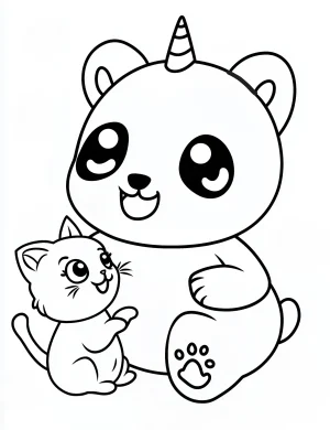 Panda Unicorn Playing with Kitten Coloring Page