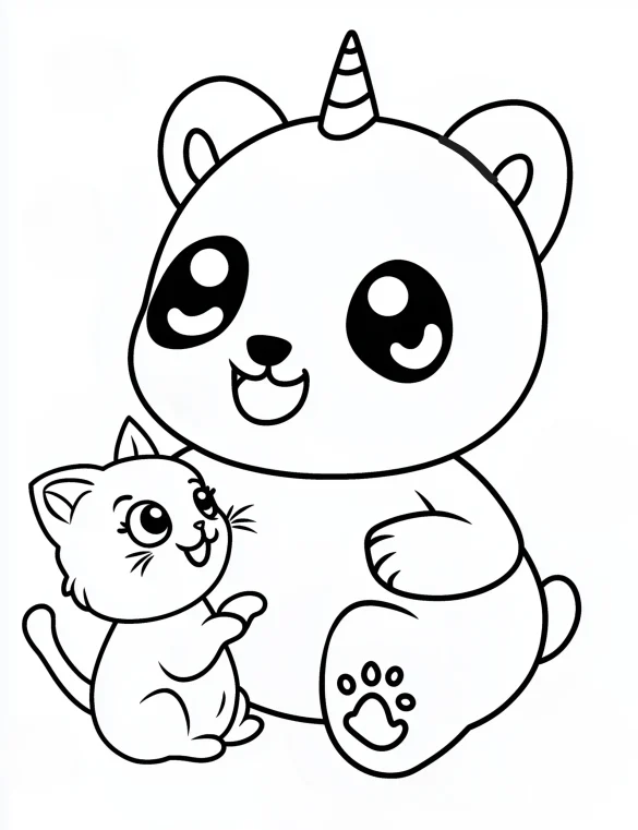 Panda Unicorn Playing with Kitten Coloring Page