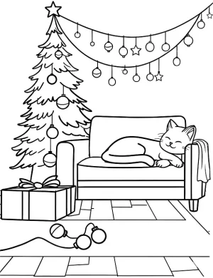 Peaceful Cat Sleeping by Christmas Tree Coloring Page By Mindset Flow