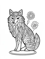 Peaceful Sitting Fox with Mandala Tail and Blooming Daisies in Background Coloring Page by Mindset Flow